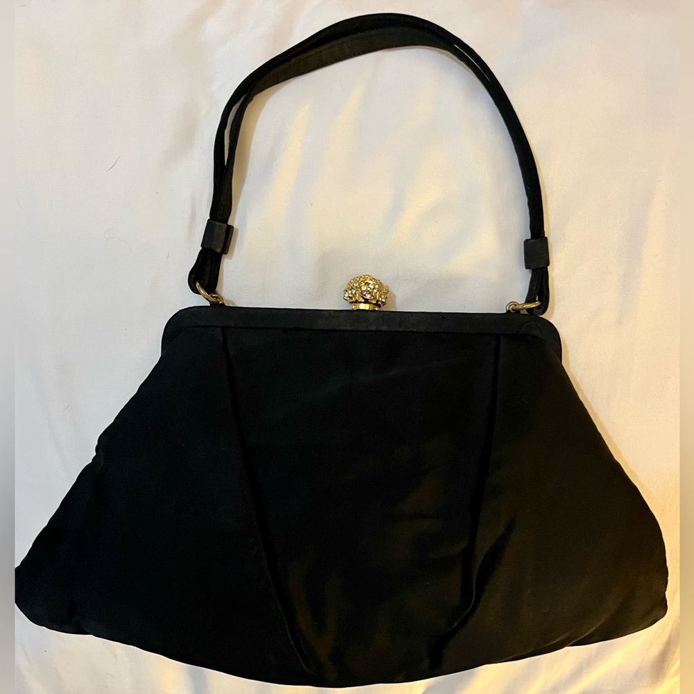 Vintage Lewis 1950’s Black Satin Evening Bag W/ Gold … Gem
